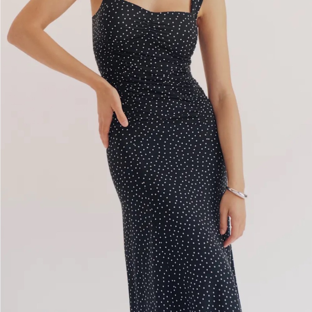 Reformation Dress Woman's L Black Suvi Knit Midi Polka Dot Sleeveless Ruched
